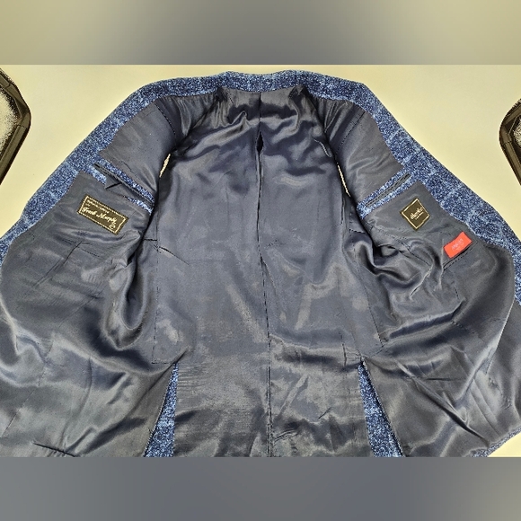 Elevee Suit Jacket Blazer Coat 44L BLUE WINDOWPANE Plaid Bespoke Custom - Picture 8 of 10